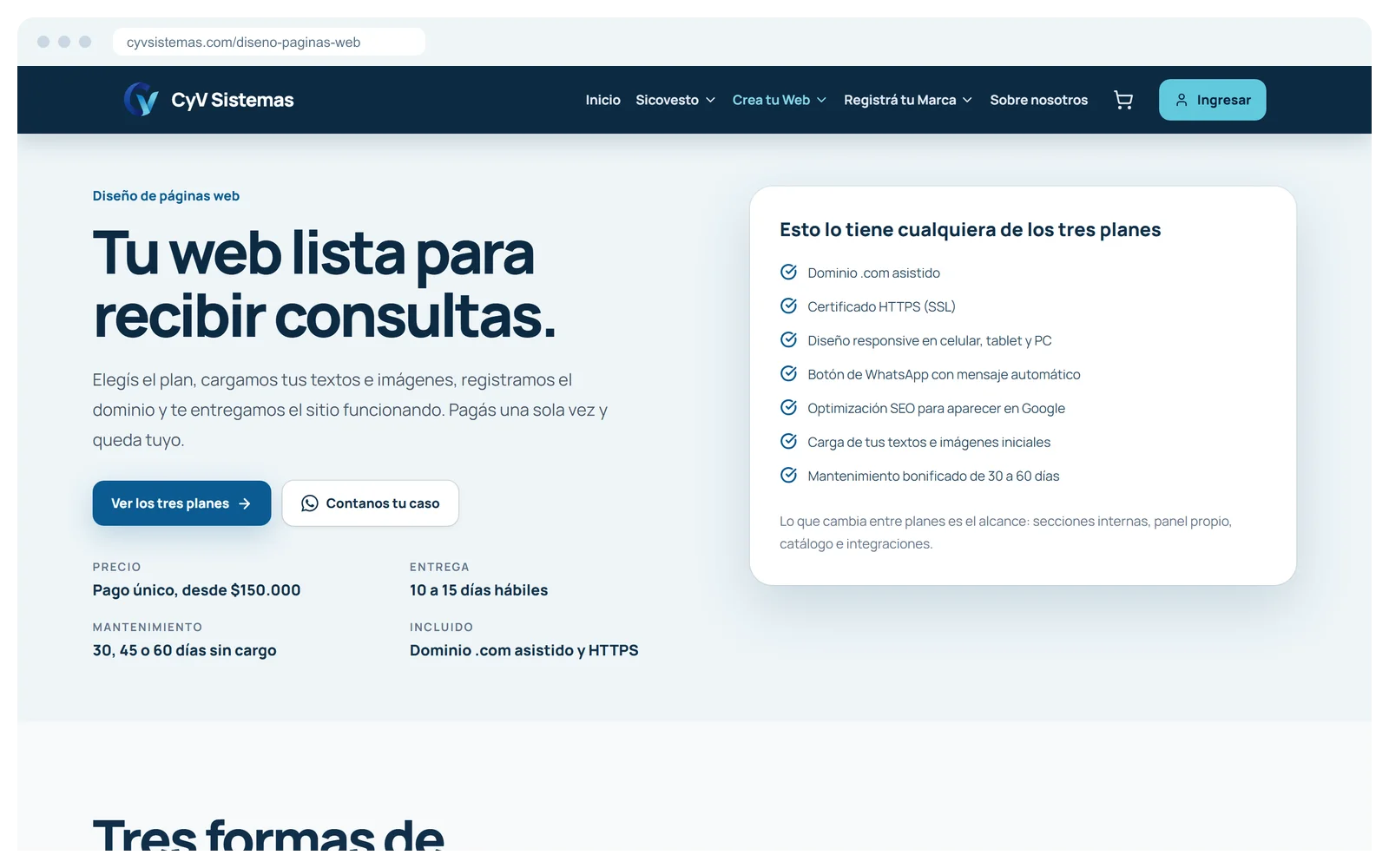 Página de Diseño Web de CyV Sistemas abierta en un navegador